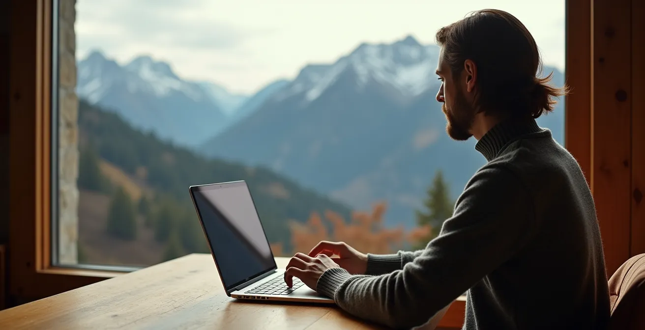 Axe Humain : Personne travaillant sur ordinateur portable face à une vue montagne depuis un chalet