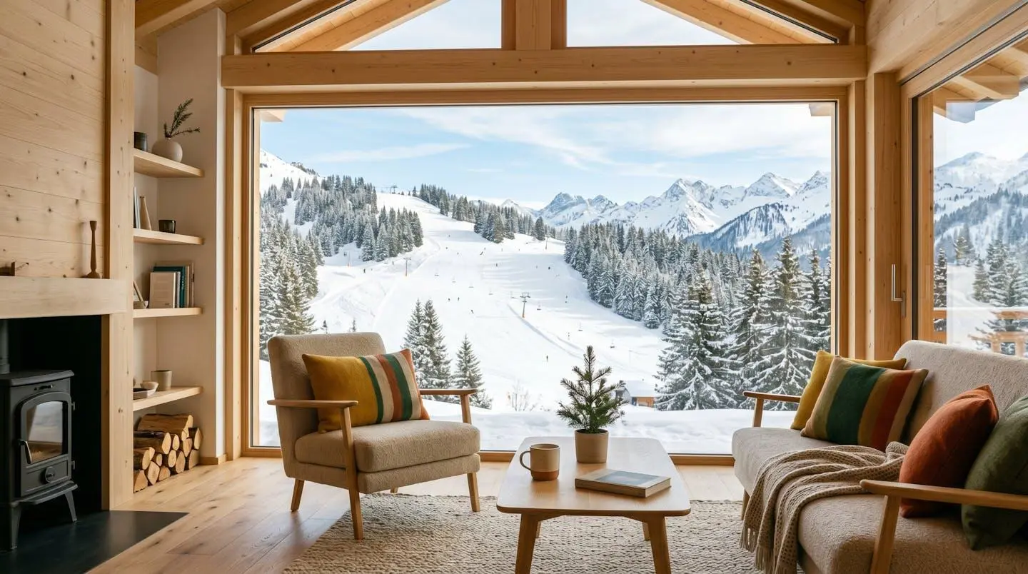 Intérieur lumineux d'un chalet au Grand-Bornand avec vue sur les pistes