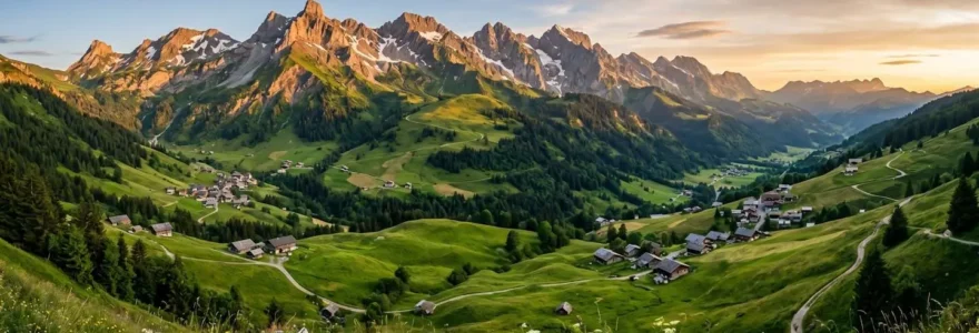 Vue panoramique du massif des Aravis avec les alpages du Grand-Bornand et de La Clusaz en soirée